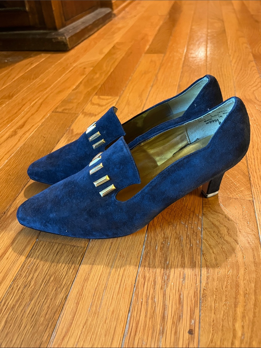 Andrew Geller Navy Suede Pointed-Toe Heels with Gold Accents